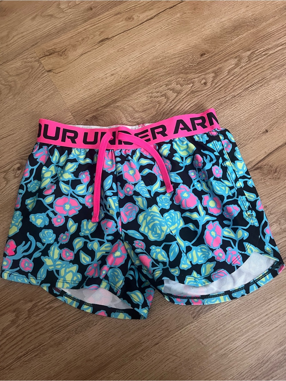 Youth Under Armour Girl’s Black Floral Active Shorts with Pink Waistband